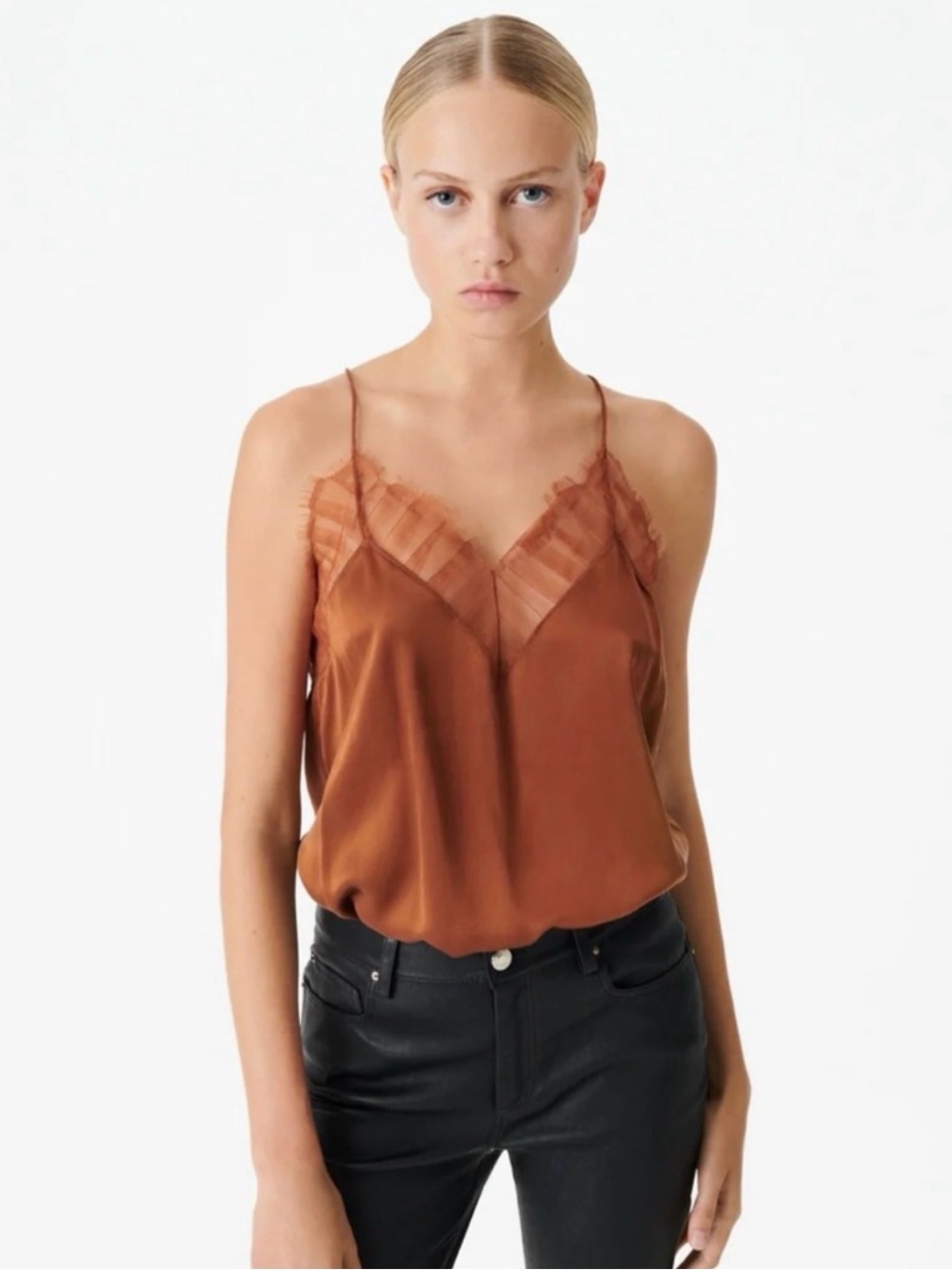 IRO Berwyn Brown Camel Lace-Trim 100% Silk Cami Size 34 (XS, 2)